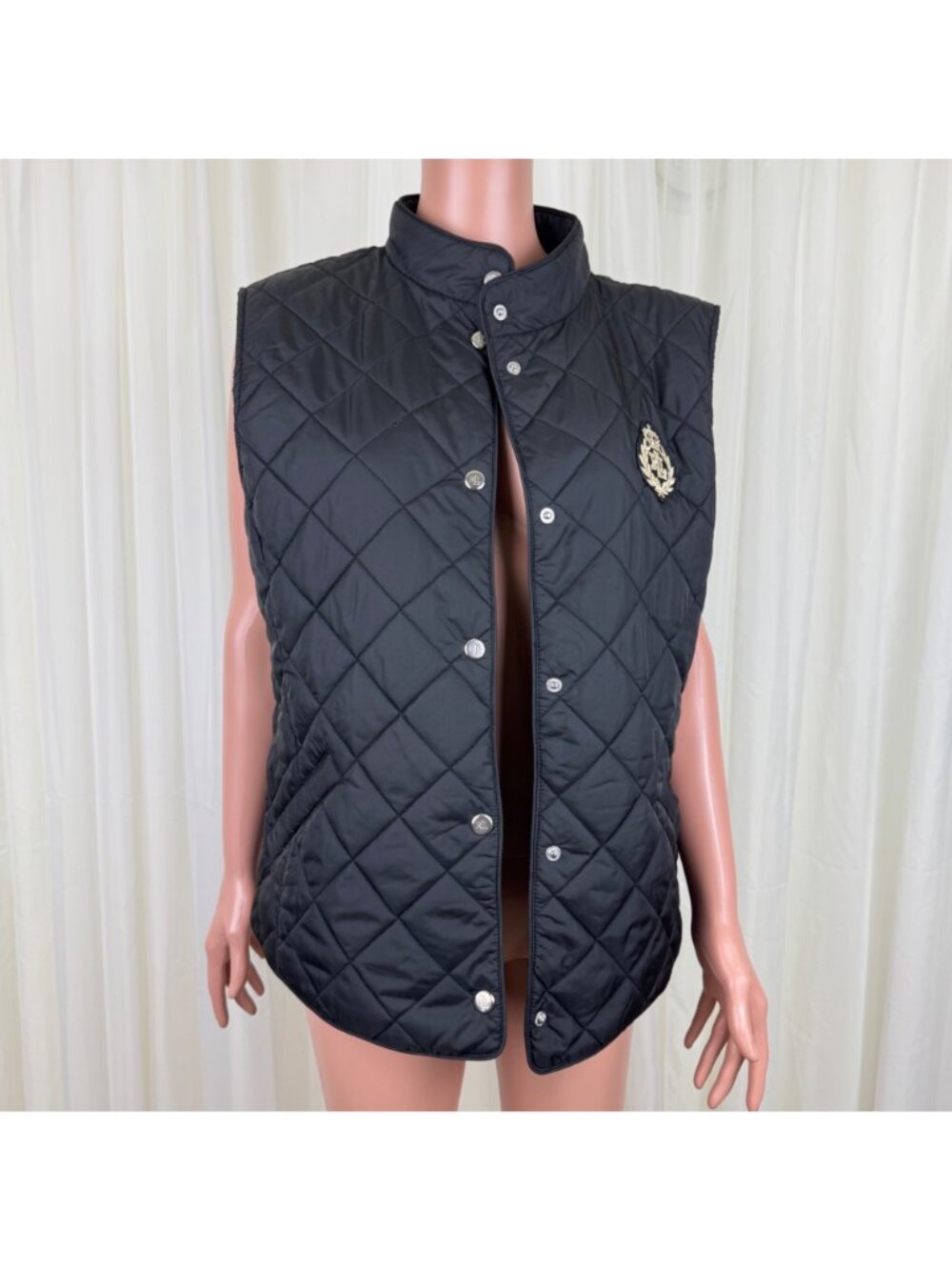 Ralph Lauren Quilted Vest Black RLL Crest Patch Diamond Quilt Womens L 84922T - Picture 2 of 13
